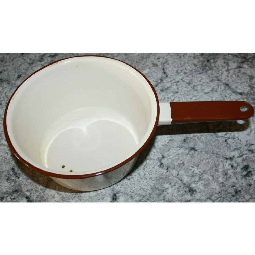 Vintage Enamelware Sauce Pan, Tan with Brown Trim & Handle 7.5 X 3.5 No Lid GUC